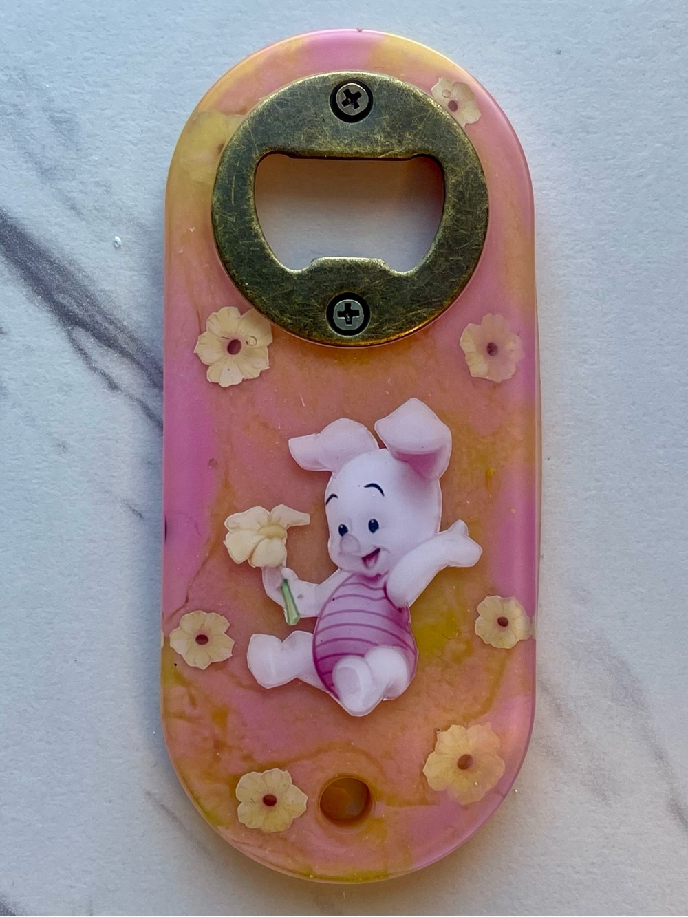 Baby Piglet Bottle Opener with Yellow Flowers Cute Collectible Gift